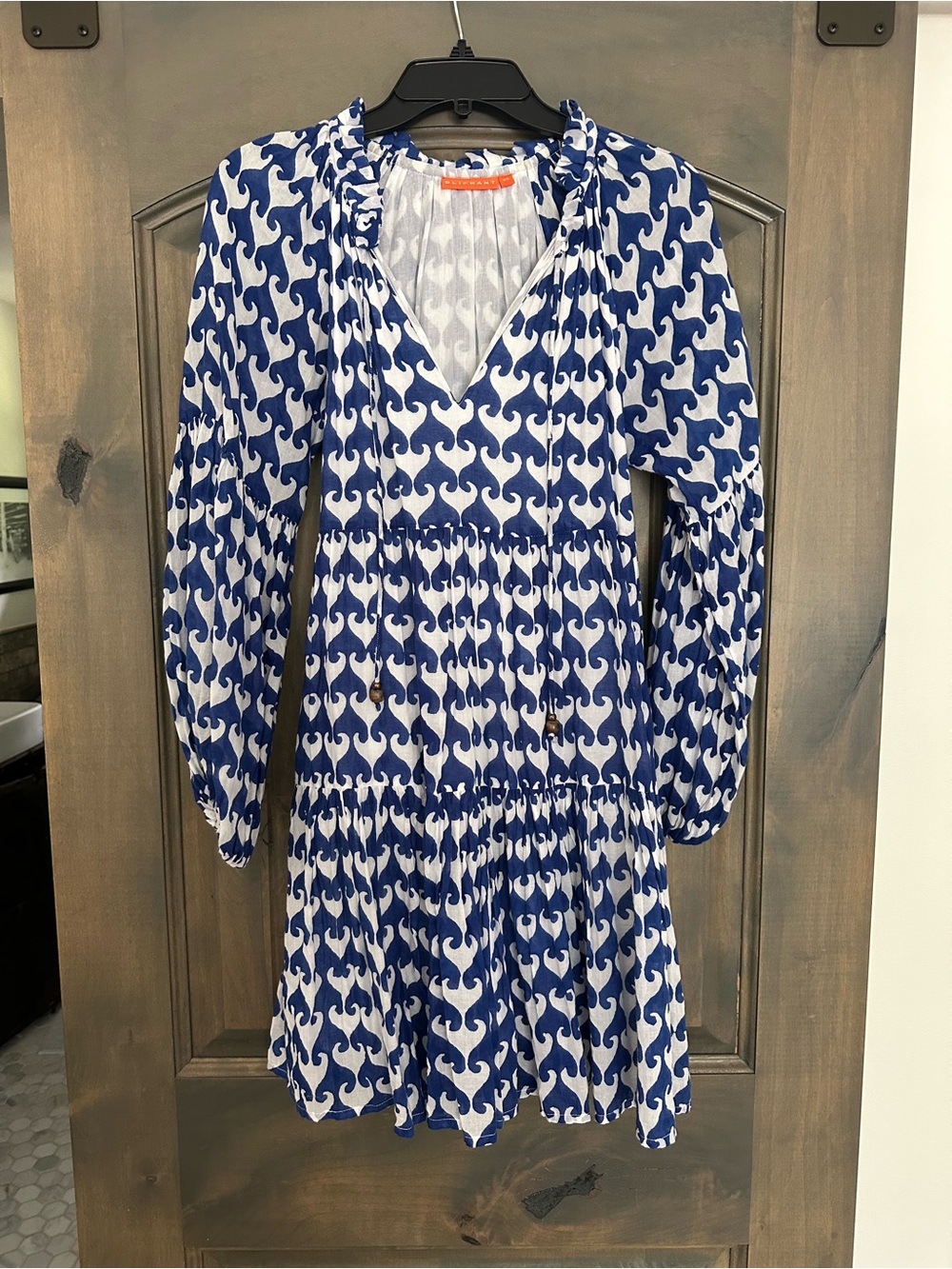 Oliphant Blue and White Printed V-Neck Long Sleeve Dress